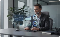 Business man looking at a screen with analytics and dashboard on