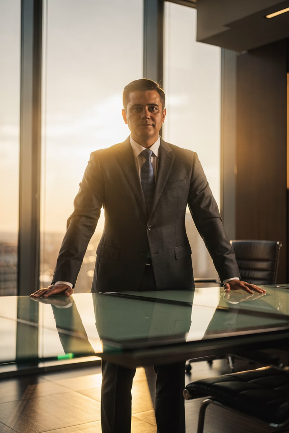 A man standing at a desk with city skyline in the background ready for Business Coaching