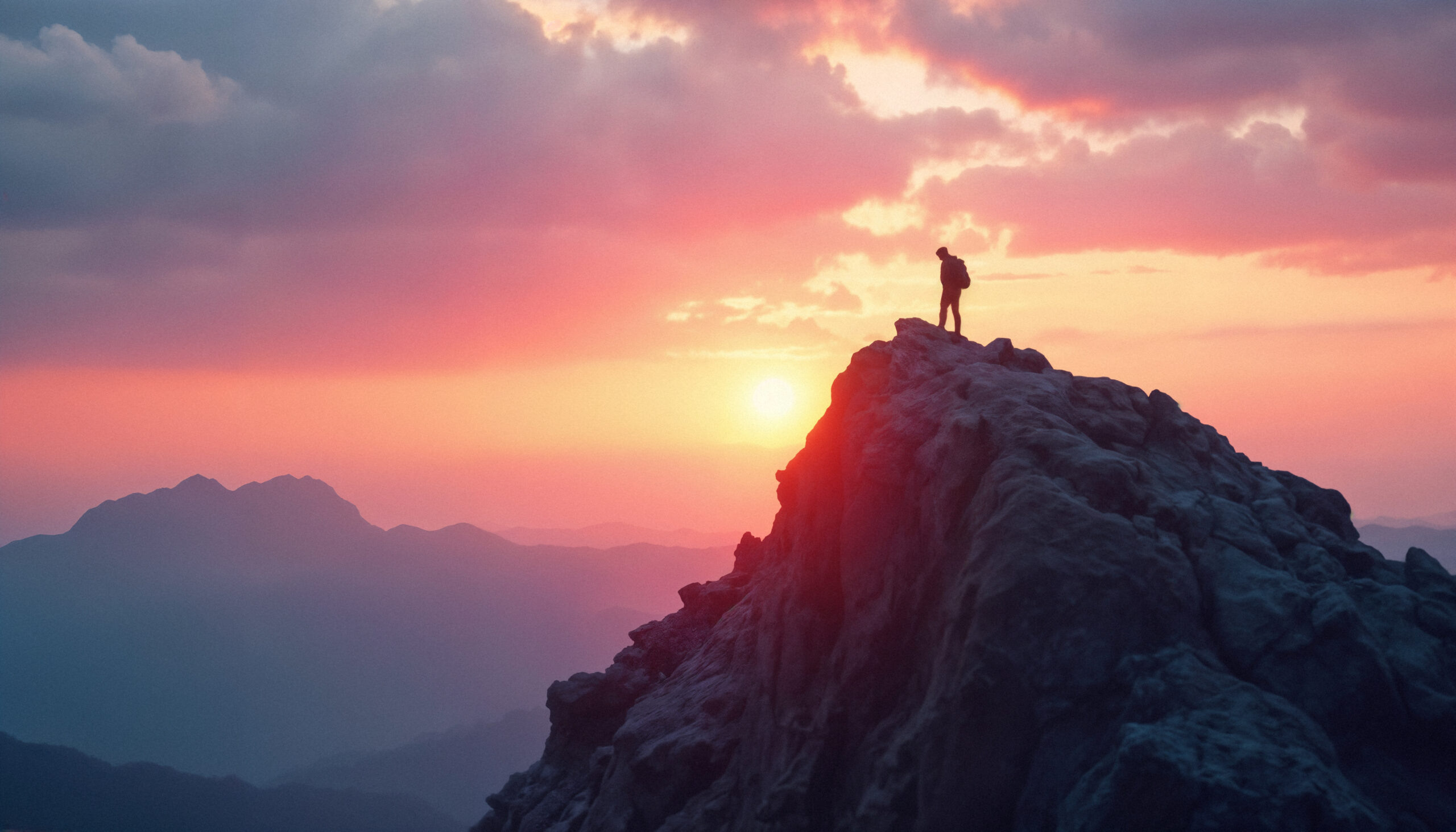 The pinnacle of the mountain. Overlooking the other mountains in the sunset